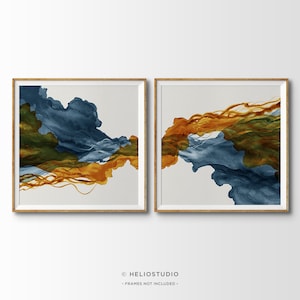 Set of 2 Abstract Art Prints. 2 Piece Panoramic Abstract Wall Art. Slate Blue and Rust Abstract Art Print. Extra Large Living Room Art.