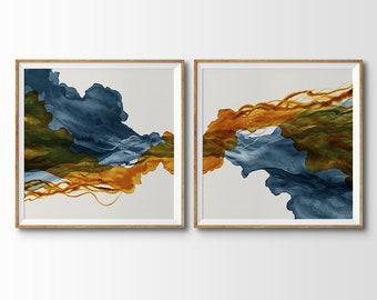 Two Piece Abstract Watercolor Art. Slate Blue and Rust Abstract wall art Set. Extra Large Living Room Art. Abstract Terracotta Panoramic