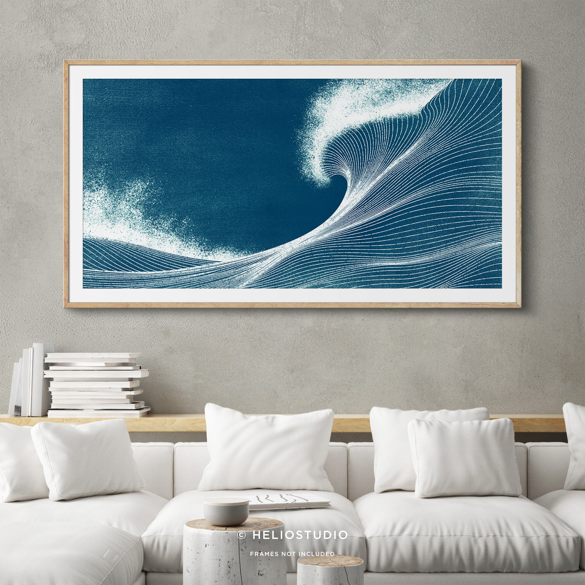 Panoramic Ocean Wave Wall Art in Blue and White. Woodcut Style Boho ...