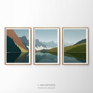Set Of Three Midcentury Mountain Lake Art Prints. 3 Piece Mid Century Mountain Panorama Wall Art. Extra Large Banff National Park Print Set