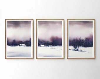 Set Of 3 Snow Covered Landscape Abstract Impressionist Watercolors. Three Piece Pink, Purple, Blue and White Winter Watercolor Art Prints.