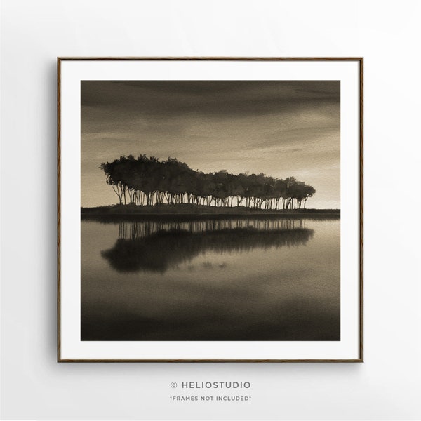 Tree Lake Sunset Reflection Watercolour Print. Extra Large Minimalist Sepia Sunrise Silhouette Black and White Wall Art. Morning Evening Sky