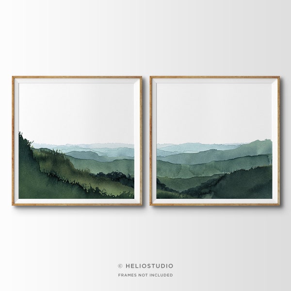 Set of Two Panoramic Blue Green Mountain Valley Watercolour Art Prints. 2 Piece Misty Hills Extra Large Watercolor Landscape Wall Art.