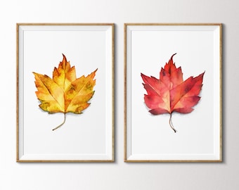 Set of 2 Fall Leaf Watercolor Art Prints. Two Piece Watercolour Autumn Maple Leaf. Botanical Illustration, Forest Wall Art, Autumn Décor