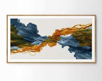Panoramic Abstract Watercolor Wall Art. Slate Blue and Rust Abstract Art Print. Extra Large Living Room Art. Abstract Terracotta Panoramic