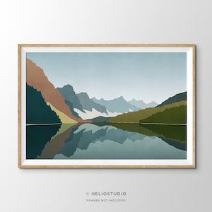 Midcentury Mountain Panorama Wall Art, Mountain Lake Landscape Art Print, Modern Mountainous River Valley Landscape Art, Banff Wilderness