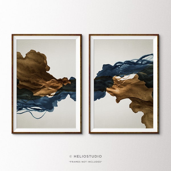 Set of 2 Sepia Brown and Ink Blue Abstract Art Prints. Blue Black and Brown Vintage Abstract Art. Extra Large Living Room Art. 24x36, 28x40