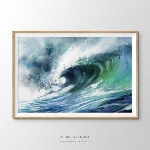 Stampa acquerello di onde oceaniche blu e verdi. Grande stampa murale acquerello con onde tropicali che si infrangono, paesaggio costiero turchese, grande casa sulla spiaggia.