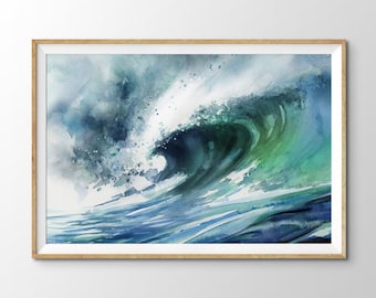 Blue Green Ocean Wave Watercolor Print. Big Tropical Crashing Surf Watercolour Wall Art, Turquoise Coastal Landscape, Large Beach House Art