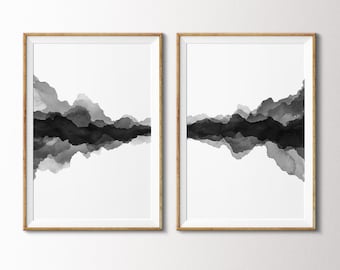 Conjunto de impressão em aquarela de paisagem abstrata em preto e branco