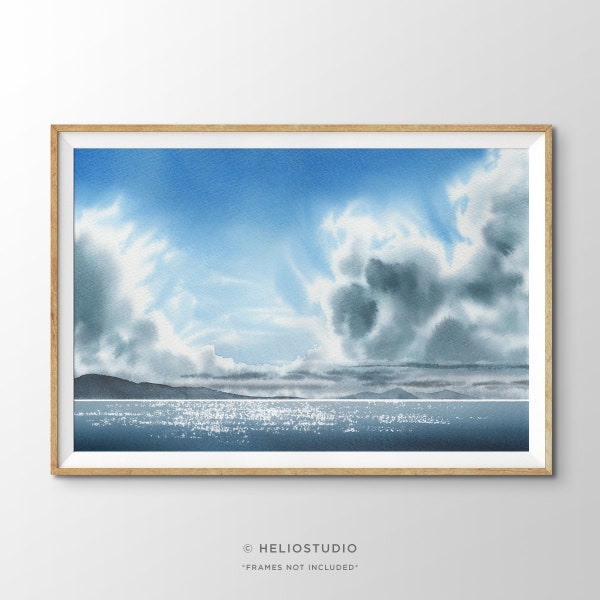 Sunny Coastal Landscape Watercolor Print. Blue Sky Cloudscape Watercolour Painting Wall Art.  Panoramic Cloudy Coastal Ocean Art Print