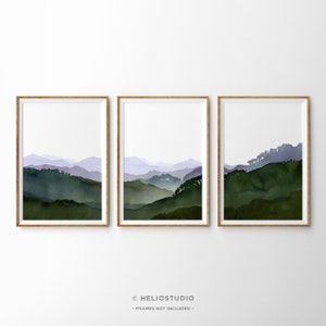 Set Of Three Green Forest Valley Watercolour Prints, 3 Piece Rolling Hills Misty Purple Mountain Extra Large Panoramic Watercolor Wall Art.