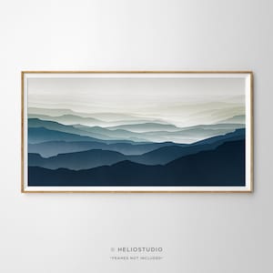 Blue Mountain Valley Watercolor Art Print: Indigo Navy Mid-Century Landscape