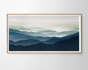Blue Mountain Valley Watercolor Art Print: Indigo Navy Mid-Century Landscape