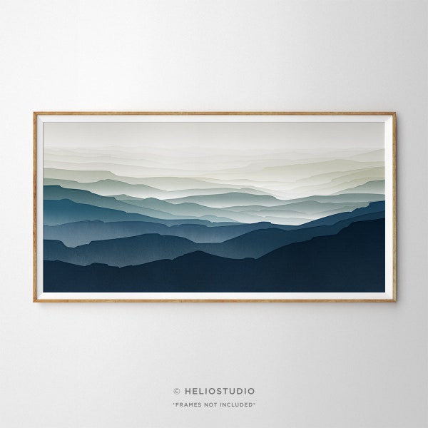 Panoramic Blue Mountain Valley Watercolor Art Print. Misty Rolling Hills Landscape Art. Large Indigo Navy Panoramic Midcentury Wall Art