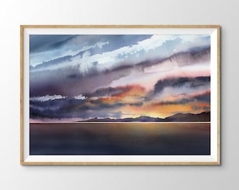Abstract Panoramic Coastal Sunset Watercolor Print. Cloudy Beach Sunrise Watercolour Painting Wall Art. Ocean Cloudscape Beach House Print