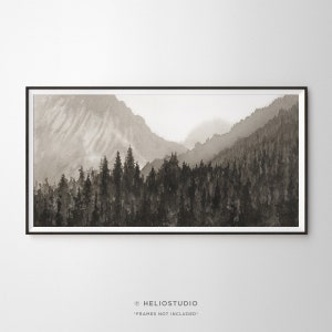 Panoramic Mountain Forest Watercolor Art Print. Sepia Mountain Landscape Wall Art Panorama. Extra Large Forest Landscape Watercolour Print