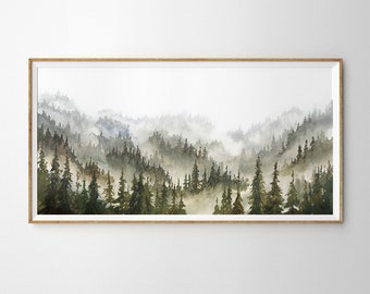 Pintura de acuarela de un bosque brumoso: Paisaje panorámico de montaña para decorar la pared.