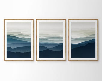 Midcentury Mountain Landscape Prints: Blue Endless Valley, Set of 3