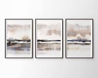 Three Piece Abstract Landscape Wall Art, Misty Savannah Watercolour Painting Prints. 3 Piece Large Panoramic Art, Brown, Beige, Grassy Plain