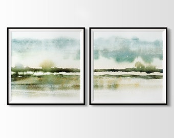 Set of 2 Abstract Landscape Wall Art, Misty Savannah Watercolour Painting Prints. Two Piece Large Panoramic Art, Green, Blue, Grassy Plain