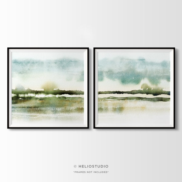 Set of 2 Abstract Landscape Wall Art, Misty Savannah Watercolour Painting Prints. Two Piece Large Panoramic Art, Green, Blue, Grassy Plain