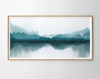 Panoramic Blue Forest Lake Watercolor Art Print. Watercolour Wall Art Lake Forest Reflection Panorama. Large Forest Lake Landscape Wall Art