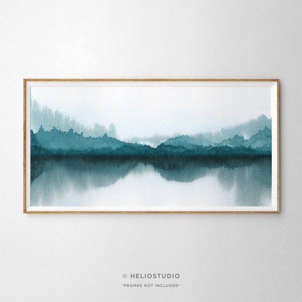 Panoramic Blue Forest Lake Watercolor Art Print. Watercolour Wall Art Lake Forest Reflection Panorama. Large Forest Lake Landscape Wall Art