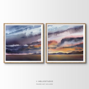 Set of Two Large Coastal Sunset Watercolor Prints. 2 Piece Ocean Sunrise Cloudscape Watercolour Wall Art. Extra Large Beach House Wall Art