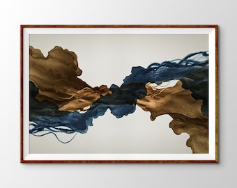 Abstract Cloud wall art: Sepia, Ink Blue, Black Wall Decor. Abstract Smoke Antique Flow. Large Brown and Indigo Blue Abstract Painting