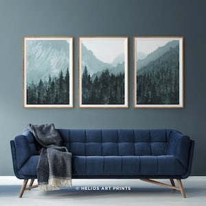 Set Of Three Watercolor Forest Art Prints. 3 Piece Blue Mountain Forest Wall Art, Extra Large Mountain Forest Watercolor Panoramic Print image 4