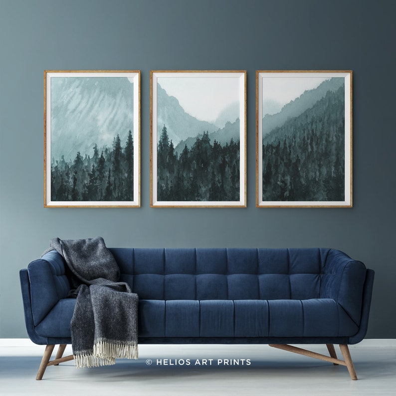 Set Of Three Watercolor Forest Art Prints. 3 Piece Blue Mountain Forest Wall Art, Extra Large Mountain Forest Watercolor Panoramic Print image 4