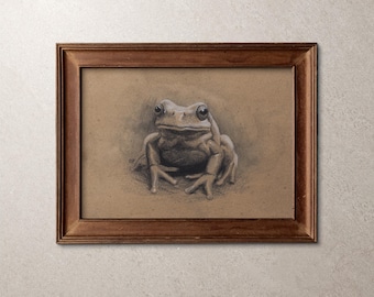 Original Frog Illustration – Watercolour Charcoal Pen Amphibian Wall Art 5"x7"