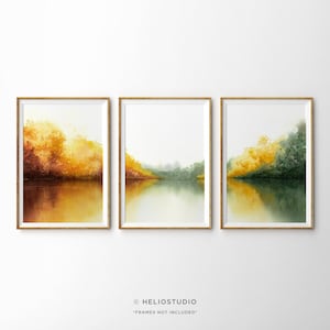 Three Piece Autumn Watercolor Extra Large Art Prints. Set of 3 Autumn Lake Watercolour Wall Art. Fall Botanical Lake Reflection Art Print.