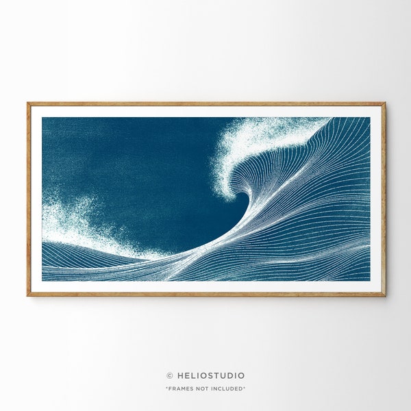 Panoramic ocean wave art print in blue and white. Woodcut style BoHo surfer art wave illustration. Contemporary beach house surfing décor.