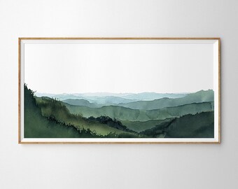 Panoramic Blue Green Mountain Valley Watercolour Art Print. Misty Rolling Hills Watercolor Landscape Painting. Extra Large Panorama Print