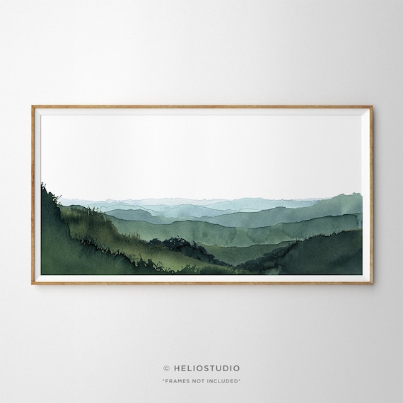 Panoramic Blue Green Mountain Valley Watercolour Art Print. | Etsy