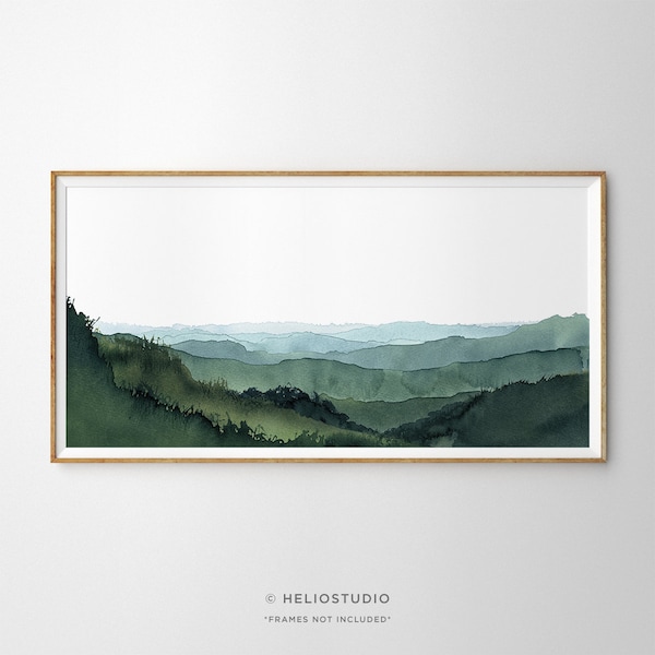 Panoramische blauwe groene bergvallei aquarel Art Print. Mistige glooiende heuvels aquarel landschap schilderij. Extra grote panoramaprint