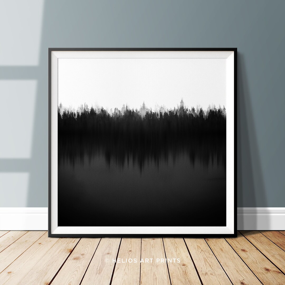 Abstract Black and White Watercolor Print. Forest Reflection in a Lake ...