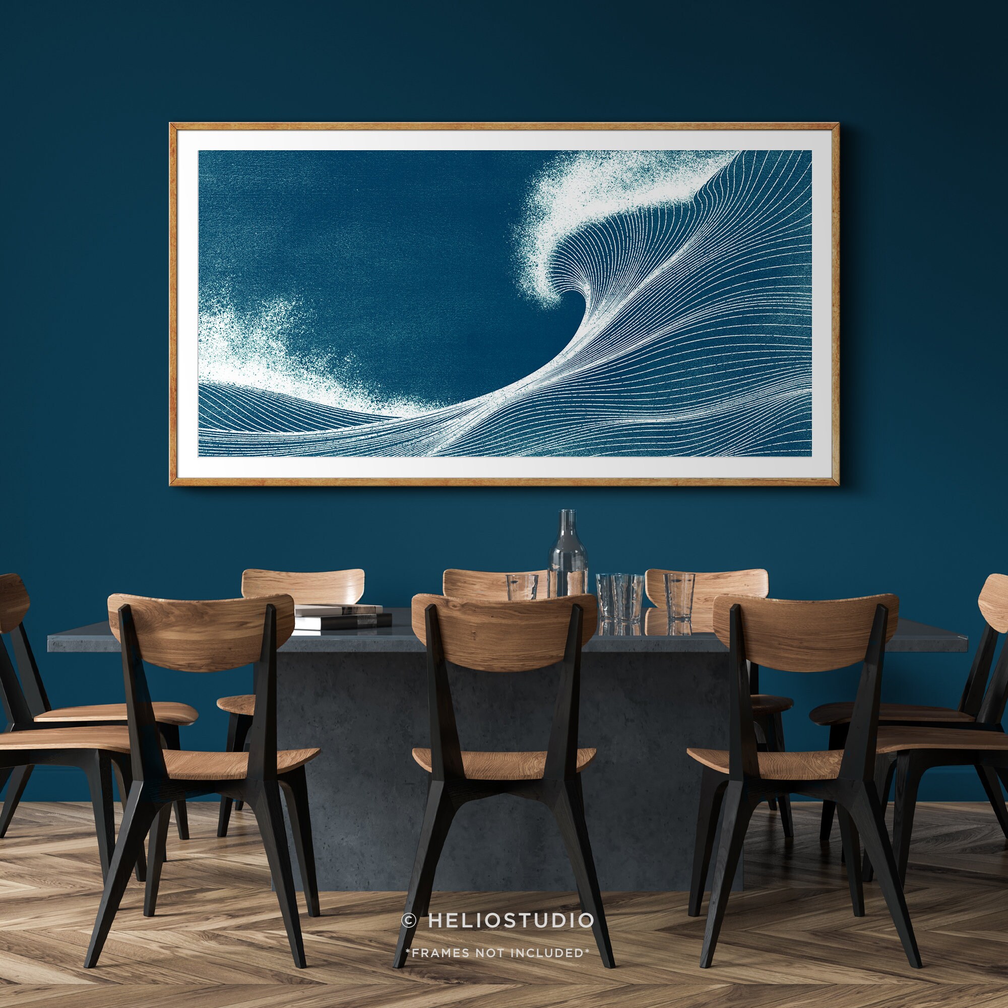 Panoramic Ocean Wave Wall Art in Blue and White. Woodcut Style Boho ...