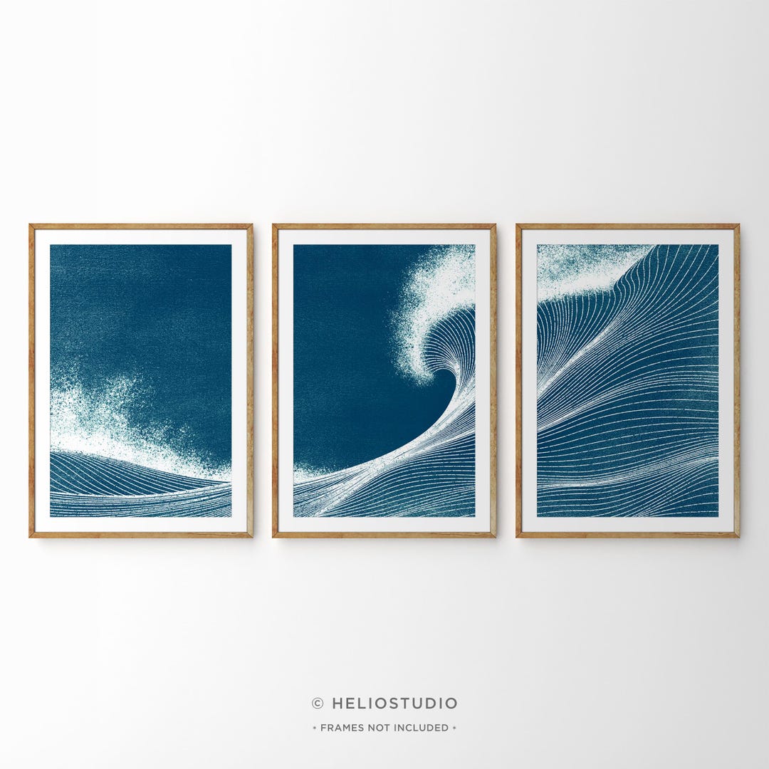 Blue Ocean Wave Wall Art Set: Coastal Beach House Decor - Etsy