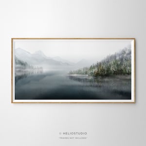 Misty Mountain Lake Watercolor Art Print: Panoramic Forest Reflection