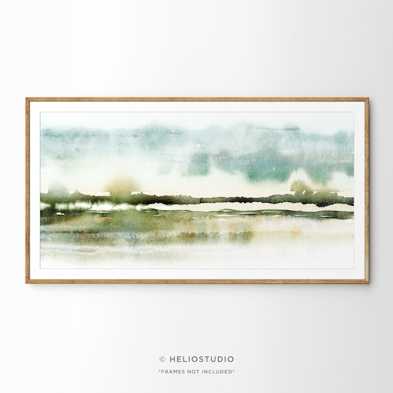 Blue Green Abstract Landscape Watercolor Print.Panoramic Watercolour Savannah Wall Art. Extra Large Grassland Panorama, Oversize Watercolor