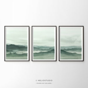 Set of 3 Green Wall Art,Set of 3 Green Art Prints,Green Mountain Landscape,Panoramic Mountain Art,Contemporary Rustic Art,Living Room Decor