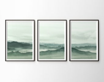 Quadri da parete con paesaggio montano verde: set di 3 acquerelli rustici