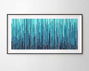 Midcentury Abstract Panoramic Watercolour Wall Art. Extra Large Print in Turquoise, Teal, Navy, Indigo and Cobalt Blue. Oversize Modern Art