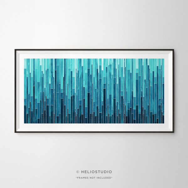 Midcentury Abstract Panoramic Watercolour Wall Art. Extra Large Print in Turquoise, Teal, Navy, Indigo and Cobalt Blue. Oversize Modern Art