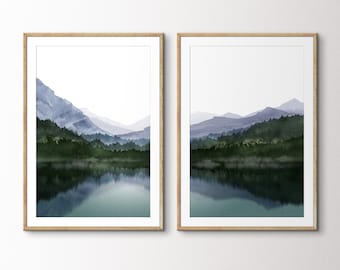 Mountain Lake wall art Set: Forest Reflection, Rustic Lakehouse Decor
