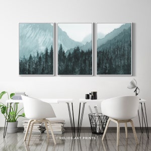 Set Of Three Watercolor Forest Art Prints. 3 Piece Blue Mountain Forest Wall Art, Extra Large Mountain Forest Watercolor Panoramic Print image 5