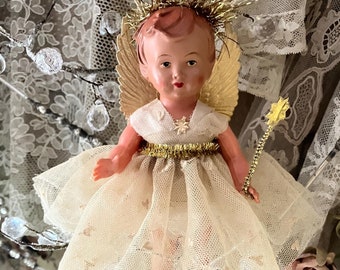 アンティークのドイツ人形のクリスマス妖精の飾り、ヴィンテージの